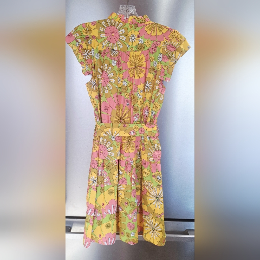 New Flora Bea NYC Mini Dress Retro Styled Tiered Green And Orange Pink Floral M - Picture 8 of 13